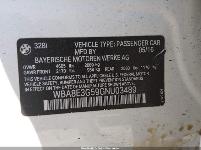 Aukcja sprzedaży 2016 Bmw 328i Xdrive, vin: WBA8E3G59GNU03489, numer aukcji: 45244127