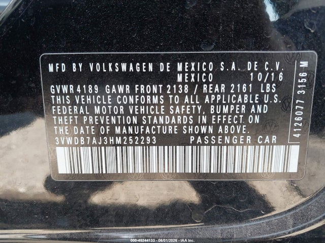 3VWDB7AJ3HM252293 Volkswagen Jetta 1.4t Se
