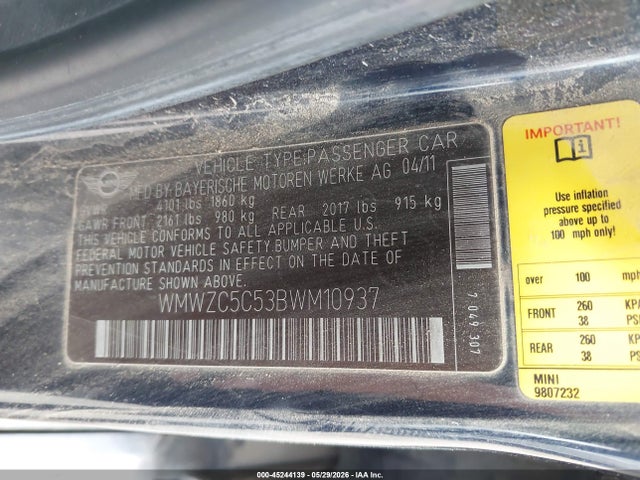 Продаж на аукціоні авто 2011 Mini Cooper S Countryman, vin: WMWZC5C53BWM10937, номер лоту: 45244139
