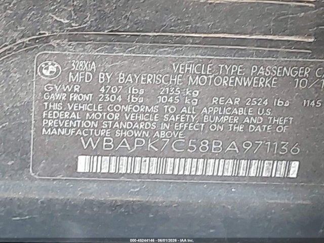2011 Bmw 328i Xdrive მანქანა იყიდება აუქციონზე, vin: WBAPK7C58BA971136, აუქციონის ნომერი: 45244146
