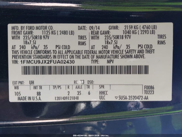 2015 Ford Escape Titanium მანქანა იყიდება აუქციონზე, vin: 1FMCU9JX2FUA02430, აუქციონის ნომერი: 45244156