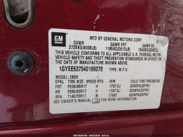 45244160 :رقم المزاد ، 1GYEE637540166078 vin ، 2004 Cadillac Srx Standard مزاد بيع