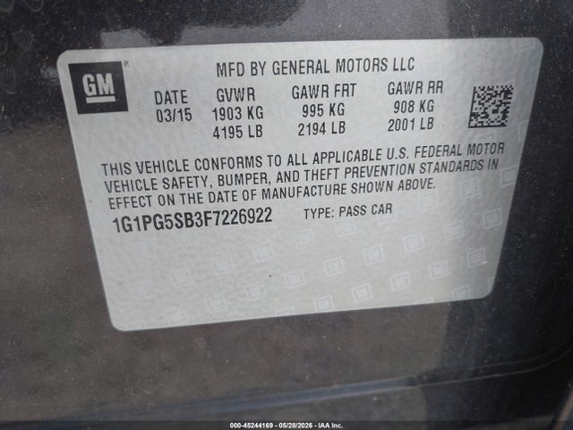 45244169 :رقم المزاد ، 1G1PG5SB3F7226922 vin ، 2015 Chevrolet Cruze Ltz مزاد بيع