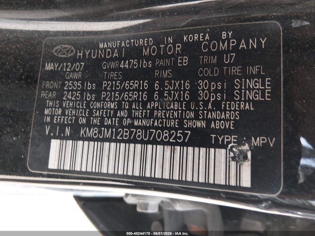 45244170 :رقم المزاد ، KM8JM12B78U708257 vin ، 2008 Hyundai Tucson Gls مزاد بيع