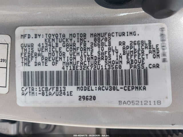Aukcja sprzedaży 2002 Toyota Camry Le, vin: 4T1BE32K72U113560, numer aukcji: 45244175