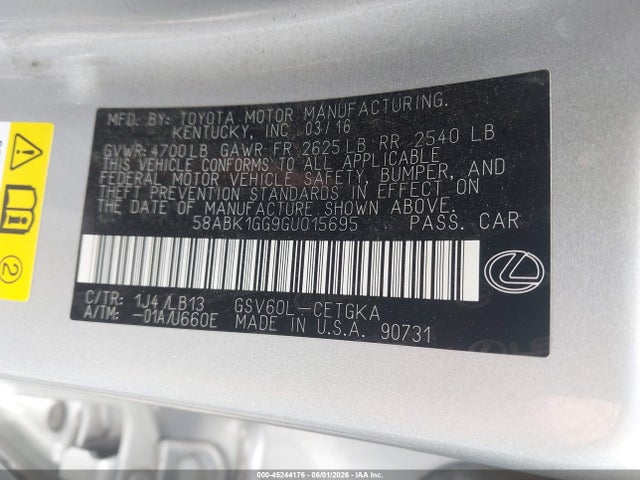 2016 Lexus Es 350 მანქანა იყიდება აუქციონზე, vin: 58ABK1GG9GU015695, აუქციონის ნომერი: 45244176