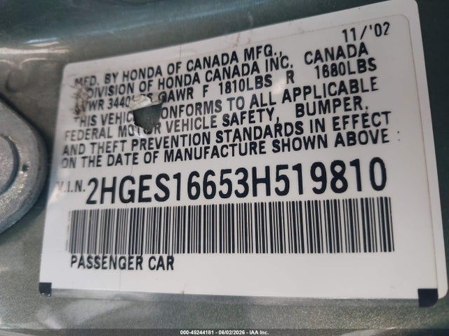2003 Honda Civic Lx მანქანა იყიდება აუქციონზე, vin: 2HGES16653H519810, აუქციონის ნომერი: 45244181