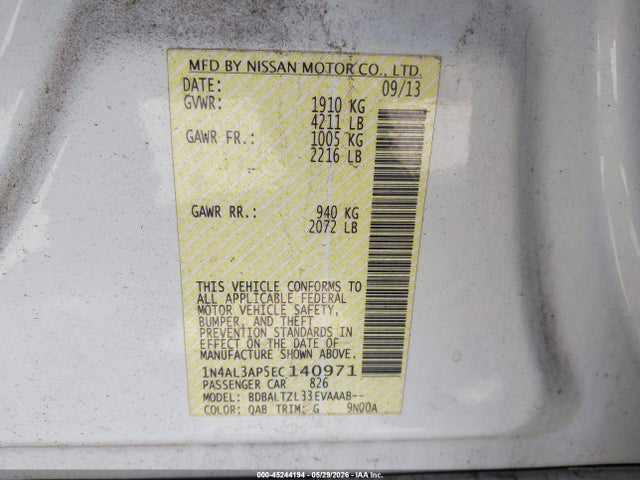 2014 Nissan Altima 2.5 Sv მანქანა იყიდება აუქციონზე, vin: 1N4AL3AP5EC140971, აუქციონის ნომერი: 45244194