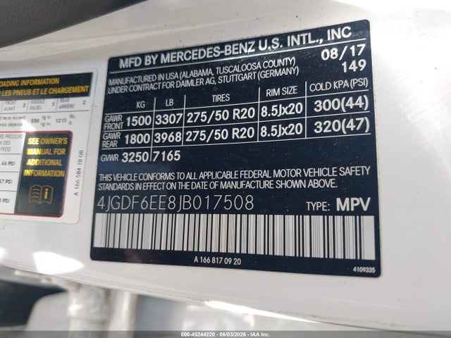 2018 Mercedes-benz Gls 450 4matic მანქანა იყიდება აუქციონზე, vin: 4JGDF6EE8JB017508, აუქციონის ნომერი: 45244220