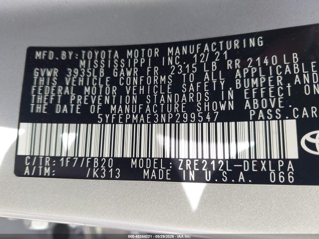 45244221 :رقم المزاد ، 5YFEPMAE3NP299547 vin ، 2022 Toyota Corolla Le مزاد بيع