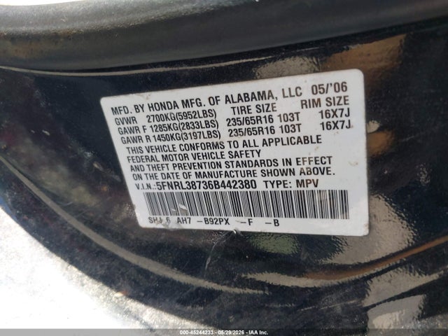 Продаж на аукціоні авто 2006 Honda Odyssey Ex-l, vin: 5FNRL38736B442380, номер лоту: 45244233