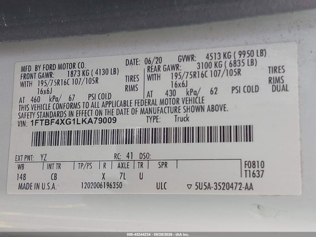 2020 Ford Transit-350 Cargo Van მანქანა იყიდება აუქციონზე, vin: 1FTBF4XG1LKA79009, აუქციონის ნომერი: 45244234