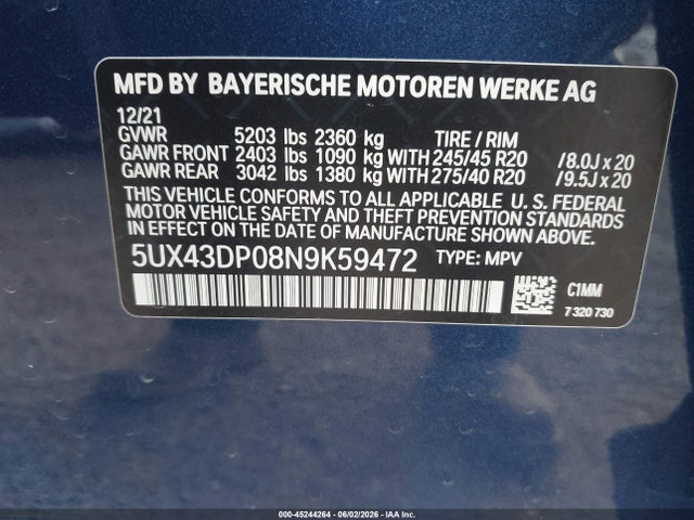 Продаж на аукціоні авто 2022 Bmw X3 Sdrive30i, vin: 5UX43DP08N9K59472, номер лоту: 45244264
