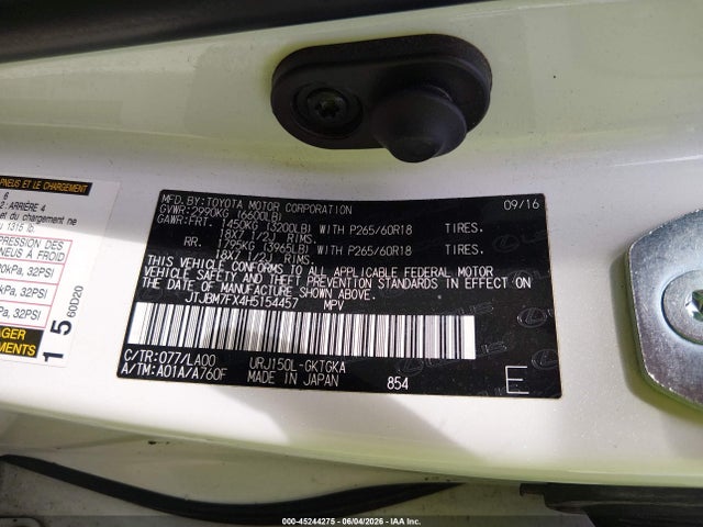 Продажа на аукционе авто 2017 Lexus Gx 460, vin: JTJBM7FX4H5154457, номер лота: 45244275