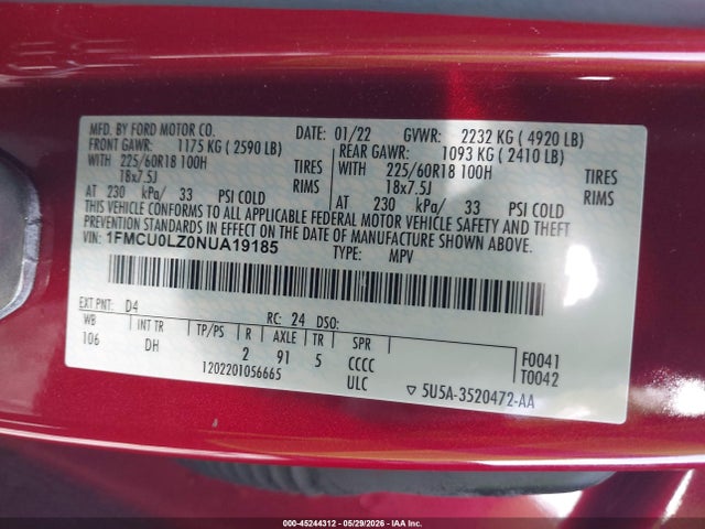 Aukcja sprzedaży 2022 Ford Escape Titanium Plug-in Hybrid, vin: 1FMCU0LZ0NUA19185, numer aukcji: 45244312