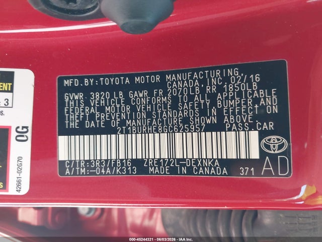 Продаж на аукціоні авто 2016 Toyota Corolla Le, vin: 2T1BURHE8GC625957, номер лоту: 45244321