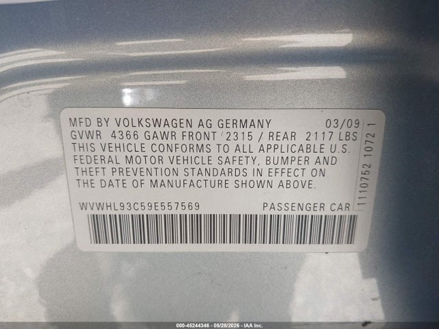 Продаж на аукціоні авто 2009 Volkswagen Cc Luxury, vin: WVWHL93C59E557569, номер лоту: 45244346