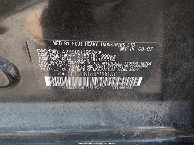 Aukcja sprzedaży 2008 Subaru Impreza Wagon (natl) I W/premium Pkg, vin: JF1GH616X8H807822, numer aukcji: 45244378