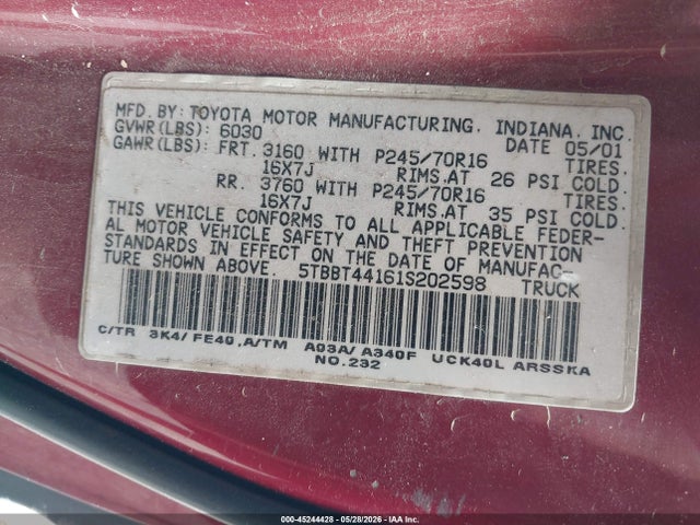 Продаж на аукціоні авто 2001 Toyota Tundra Sr5 V8, vin: 5TBBT44161S202598, номер лоту: 45244428