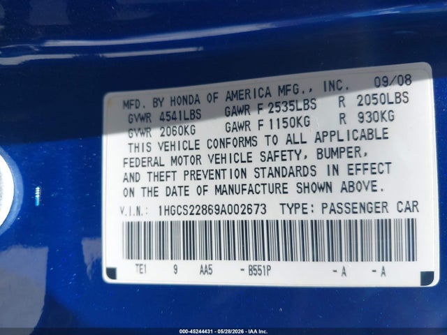 45244431 :رقم المزاد ، 1HGCS22869A002673 vin ، 2009 Honda Accord 3.5 Ex-l مزاد بيع