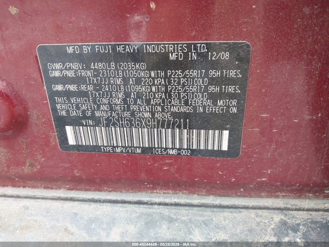 45244449 :رقم المزاد ، JF2SH636X9H777211 vin ، 2009 Subaru Forester 2.5x مزاد بيع