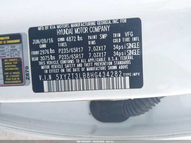 Aukcja sprzedaży 2017 Hyundai Santa Fe Sport 2.4l, vin: 5XYZT3LB8HG434282, numer aukcji: 45244451