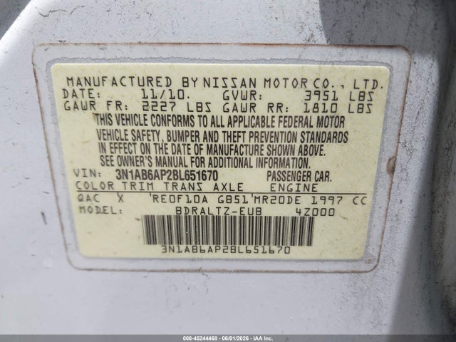 Aukcja sprzedaży 2011 Nissan Sentra 2.0sr, vin: 3N1AB6AP2BL651670, numer aukcji: 45244468