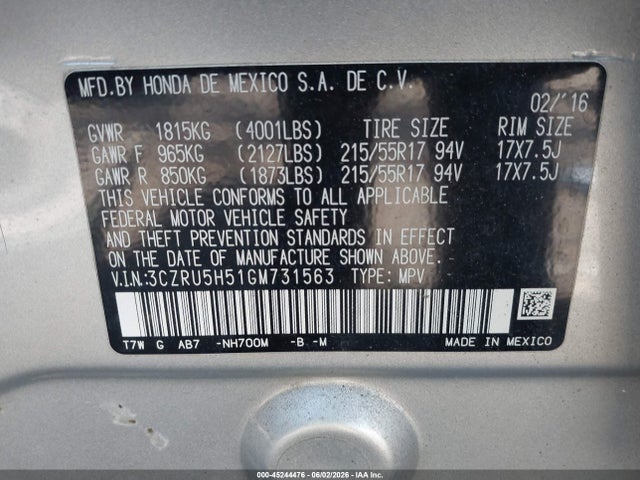 Продажа на аукционе авто 2016 Honda Hr-v Ex, vin: 3CZRU5H51GM731563, номер лота: 45244476