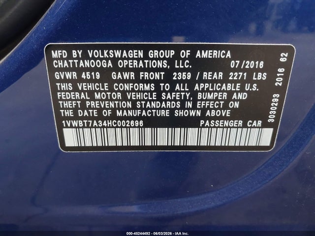 1VWBT7A34HC002696 Volkswagen Passat 1.8t Se