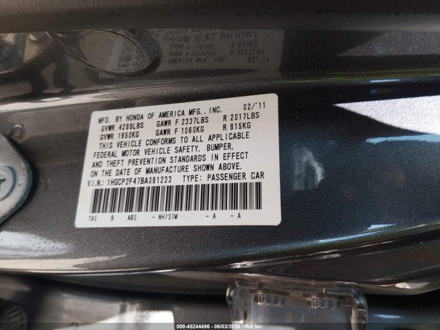 2011 Honda Accord 2.4 Lx-p მანქანა იყიდება აუქციონზე, vin: 1HGCP2F47BA091233, აუქციონის ნომერი: 45244496