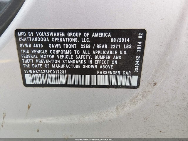 Продаж на аукціоні авто 2015 Volkswagen Passat 1.8t S, vin: 1VWAS7A38FC017231, номер лоту: 45244502