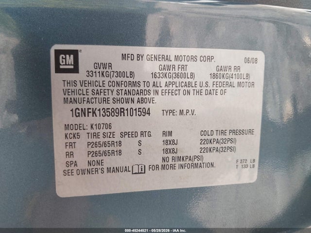 Aukcja sprzedaży 2009 Chevrolet Tahoe Hybrid, vin: 1GNFK13589R101594, numer aukcji: 45244521