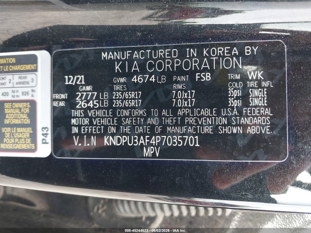 KNDPU3AF4P7035701 KIA Sportage Lx