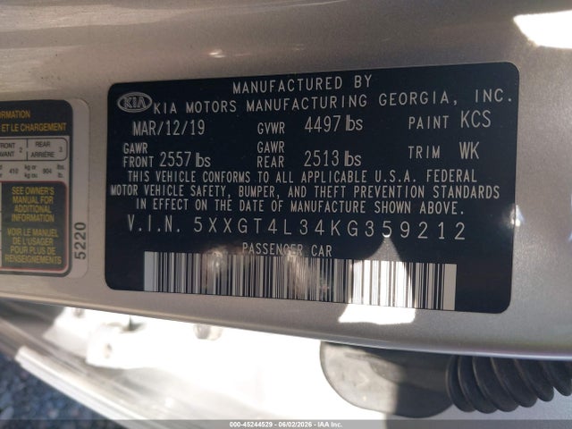 45244529 :رقم المزاد ، 5XXGT4L34KG359212 vin ، 2019 Kia Optima Lx مزاد بيع