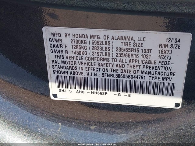 Продаж на аукціоні авто 2005 Honda Odyssey Ex-l, vin: 5FNRL38605B044761, номер лоту: 45244544