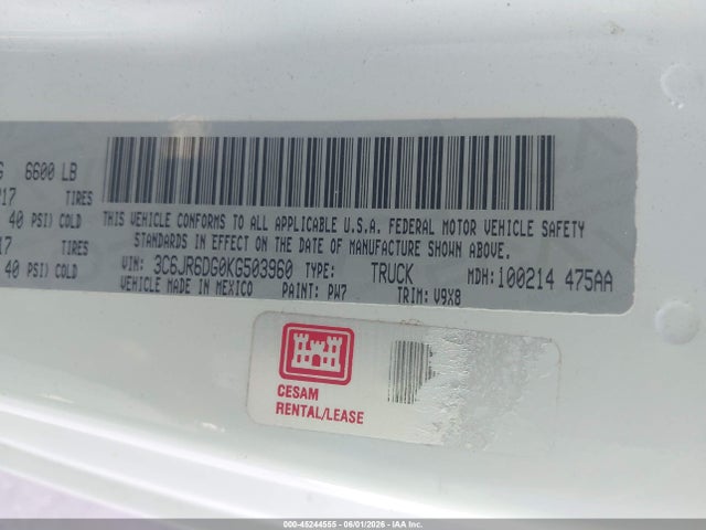 Aukcja sprzedaży 2019 Ram 1500 Classic Tradesman  4x2 8' Box, vin: 3C6JR6DG0KG503960, numer aukcji: 45244555