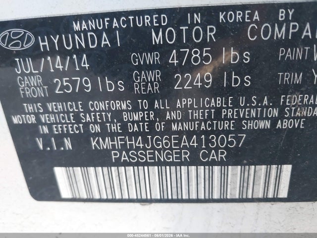 Продажа на аукционе авто 2014 Hyundai Azera Limited, vin: KMHFH4JG6EA413057, номер лота: 45244561