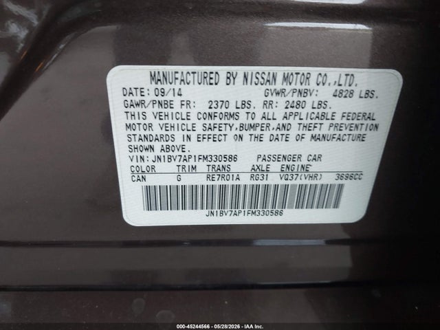 45244566 :رقم المزاد ، JN1BV7AP1FM330586 vin ، 2015 Infiniti Q50 Premium مزاد بيع