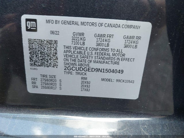2022 Chevrolet Silverado 1500 4wd  Short Bed Ltz მანქანა იყიდება აუქციონზე, vin: 2GCUDGED9N1504049, აუქციონის ნომერი: 45244577