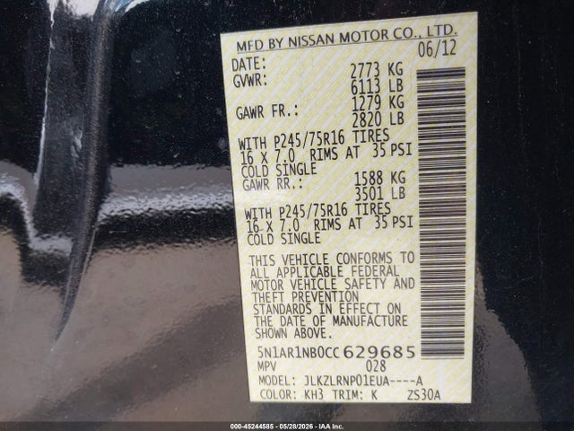 Aukcja sprzedaży 2012 Nissan Pathfinder S, vin: 5N1AR1NB0CC629685, numer aukcji: 45244585