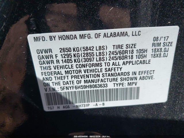 Aukcja sprzedaży 2017 Honda Pilot Ex-l, vin: 5FNYF6H59HB063633, numer aukcji: 45244598