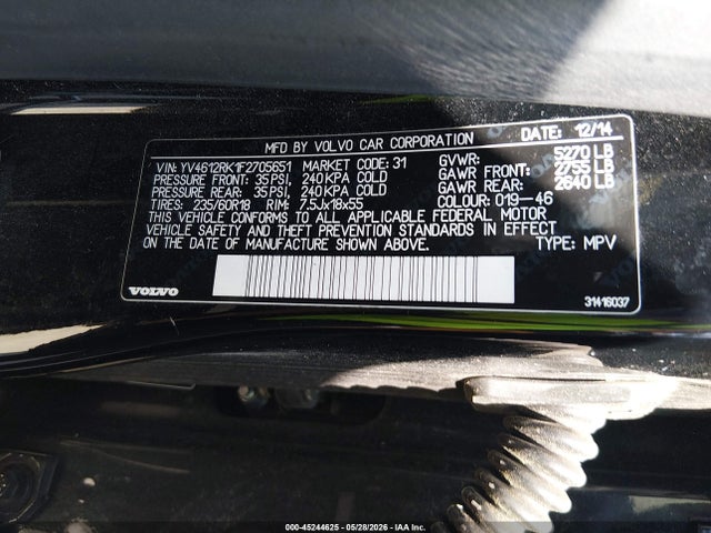 2015 Volvo Xc60 T5/t5 Premier მანქანა იყიდება აუქციონზე, vin: YV4612RK1F2705651, აუქციონის ნომერი: 45244625