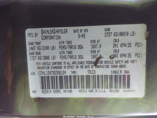 45244640 :رقم المزاد ، 1D7HL12X73S358124 vin ، 2003 Dodge Dakota مزاد بيع