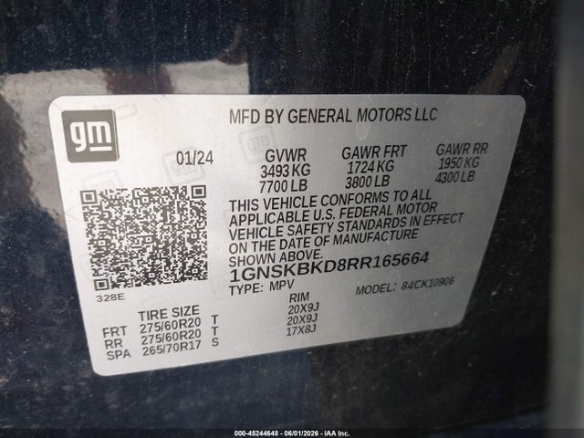 Auction sale of the 2024 Chevrolet Suburban 4wd Ls, vin: 1GNSKBKD8RR165664, lot number: 45244648