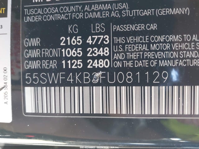 Продажа на аукционе авто 2015 Mercedes-benz C 300 4matic, vin: 55SWF4KB3FU081129, номер лота: 45244663