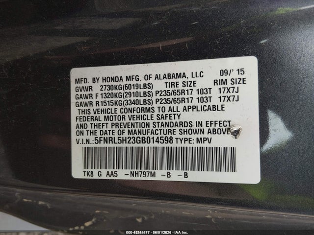 Aukcja sprzedaży 2016 Honda Odyssey Lx, vin: 5FNRL5H23GB014598, numer aukcji: 45244677