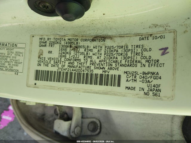 Auction sale of the 2002 Toyota Highlander V6, vin: JTEHF21A420047535, lot number: 45244692