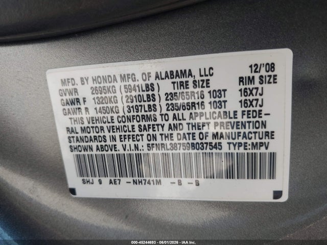 45244693 :رقم المزاد ، 5FNRL38759B037545 vin ، 2009 Honda Odyssey Ex-l مزاد بيع