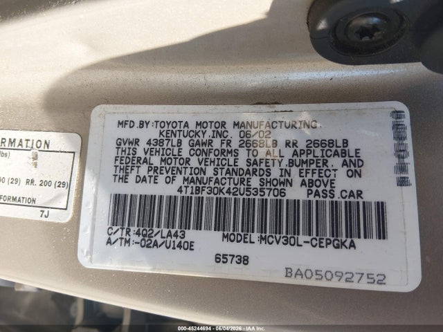 2002 Toyota Camry Xle V6 მანქანა იყიდება აუქციონზე, vin: 4T1BF30K42U535706, აუქციონის ნომერი: 45244694