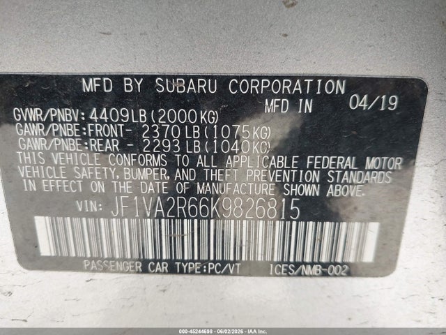 45244698 :رقم المزاد ، JF1VA2R66K9826815 vin ، 2019 Subaru Wrx Sti مزاد بيع